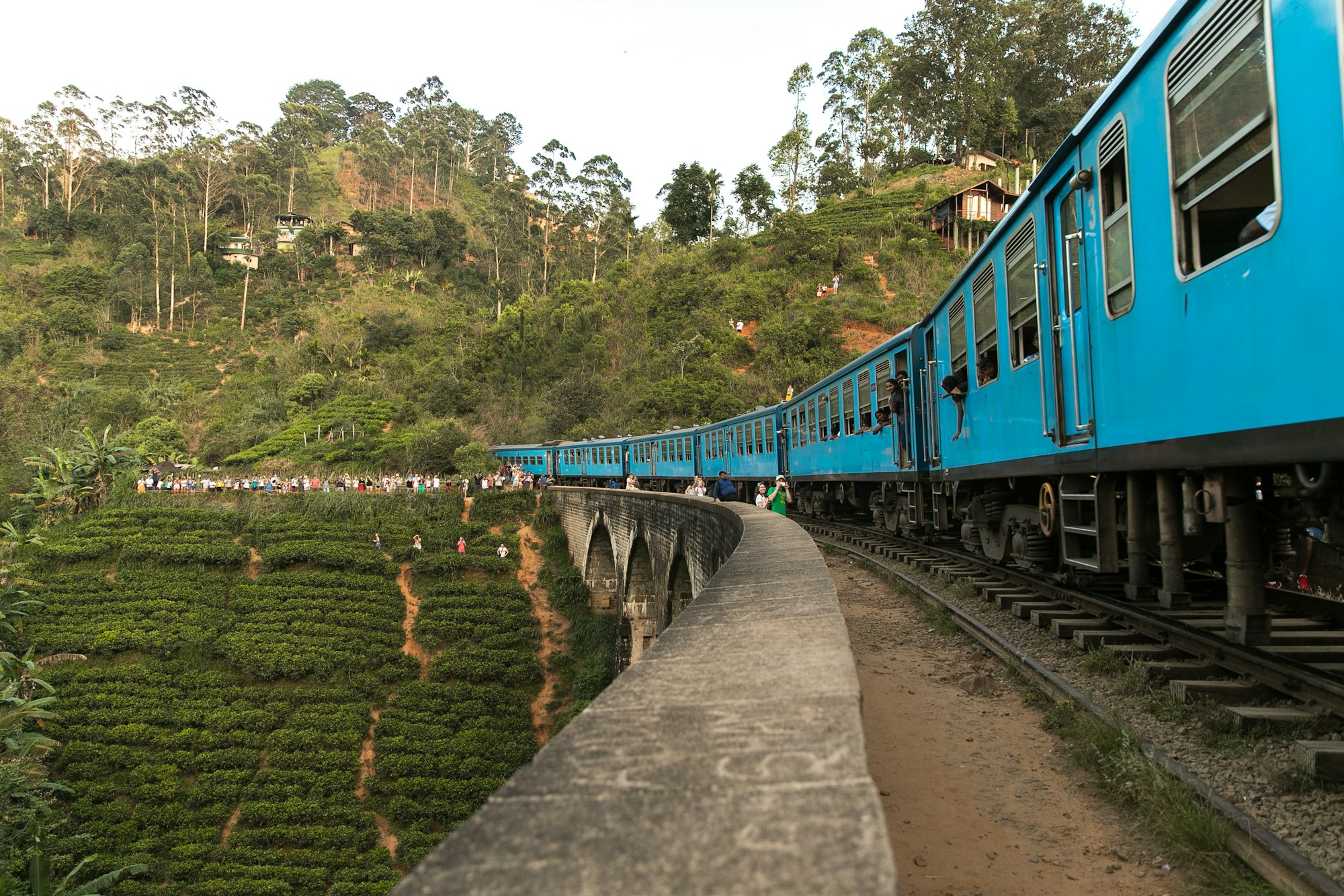 A blue train curving through tea-covered hills on Sri Lanka's highland railway.